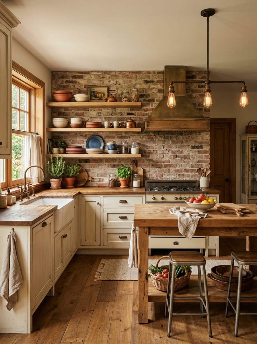 Rustic Farmhouse Kitchen with Dark Wood and Warm Lighting