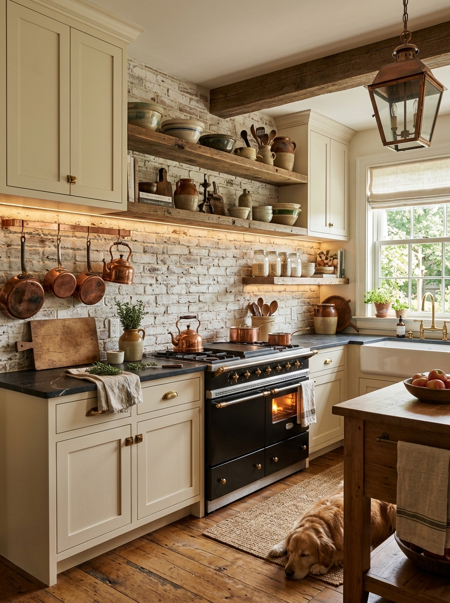 Warm Farmhouse Kitchen With Brick Backsplash Details