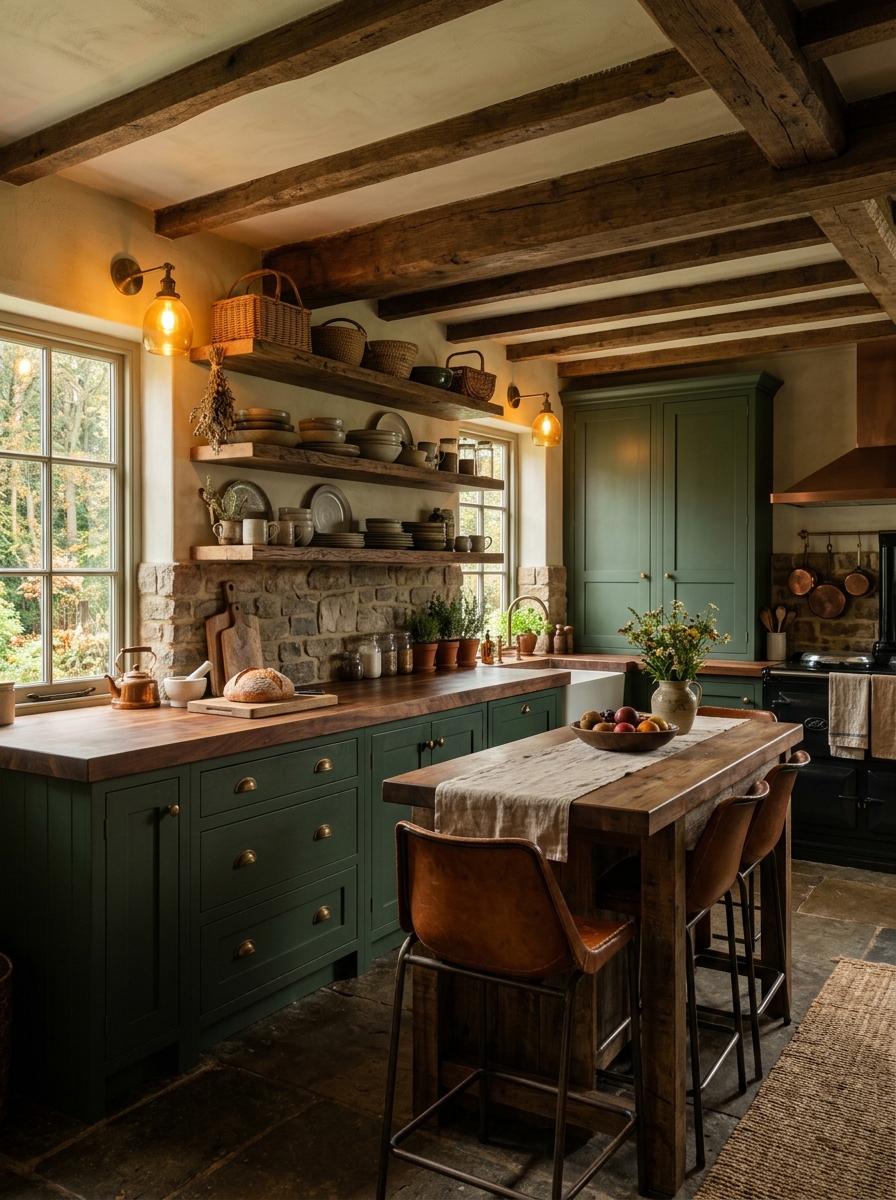 Moody Forest Green Kitchen With Warm Rustic Wood