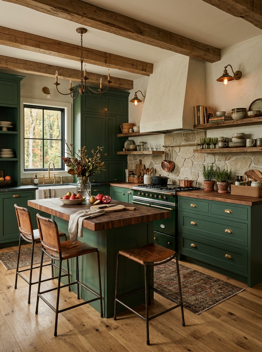 Moody Forest Green Kitchen With Warm Rustic Wood