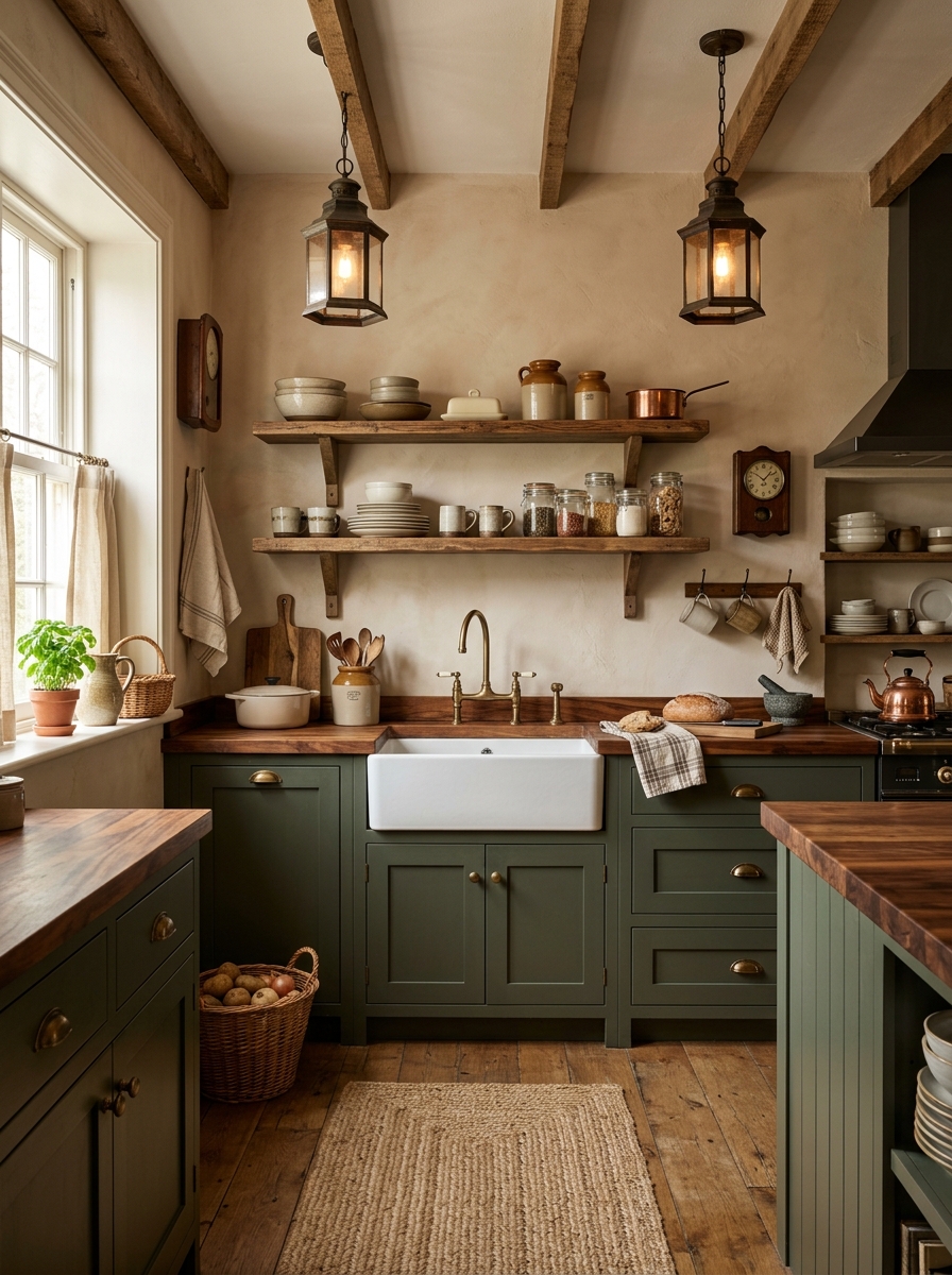 Cozy Dark Green Farmhouse Kitchen With Vintage Charm