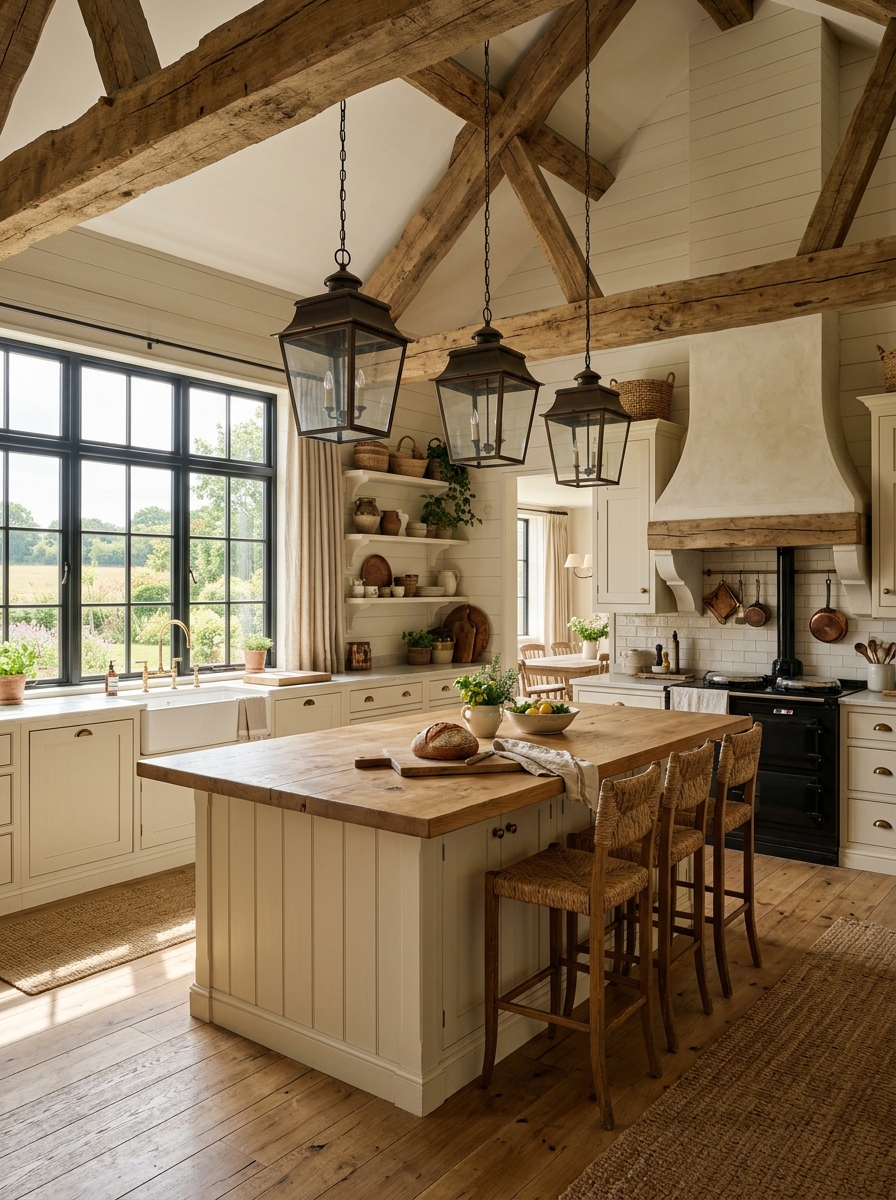 Farmhouse Kitchen with Rustic Ceiling Beams and High Ceilings