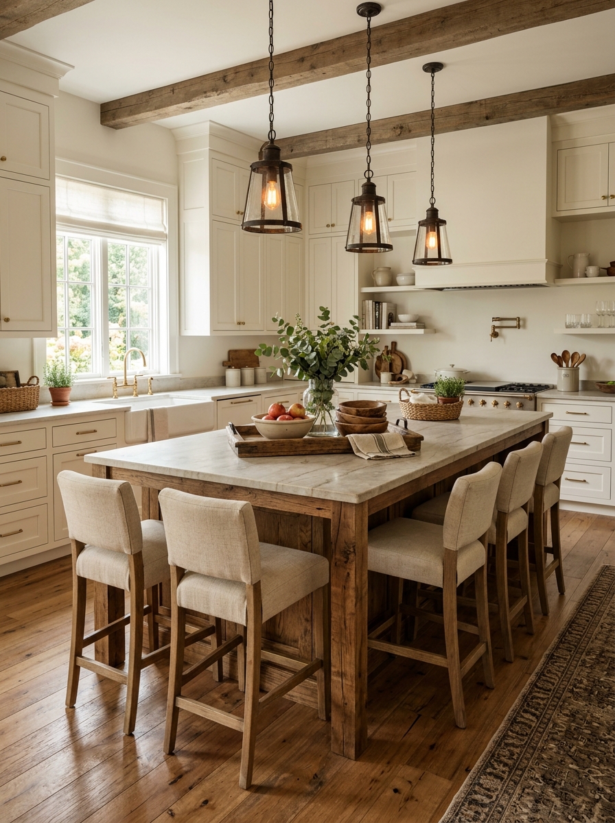 Farmhouse Kitchen With Oversized Kitchen Island for Family Gatherings