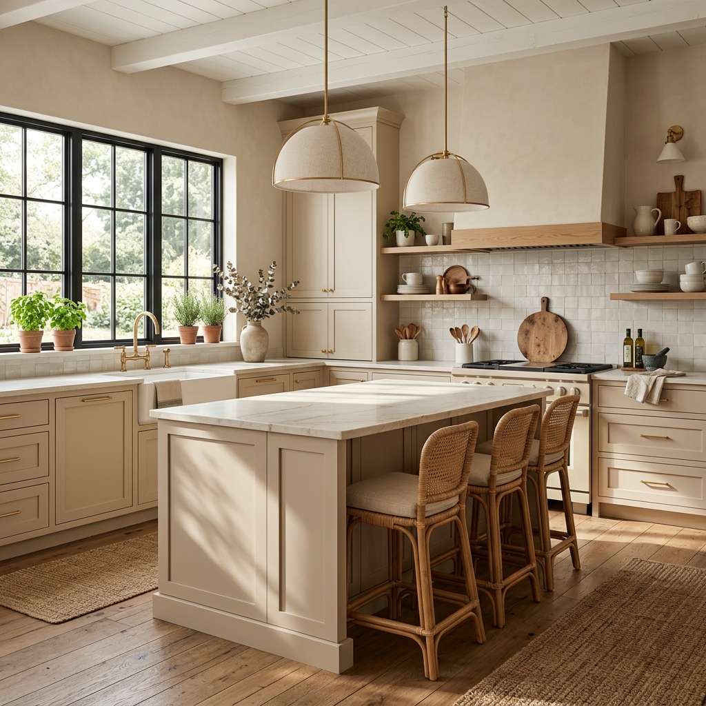Soft Neutral Beige Farmhouse Kitchen
