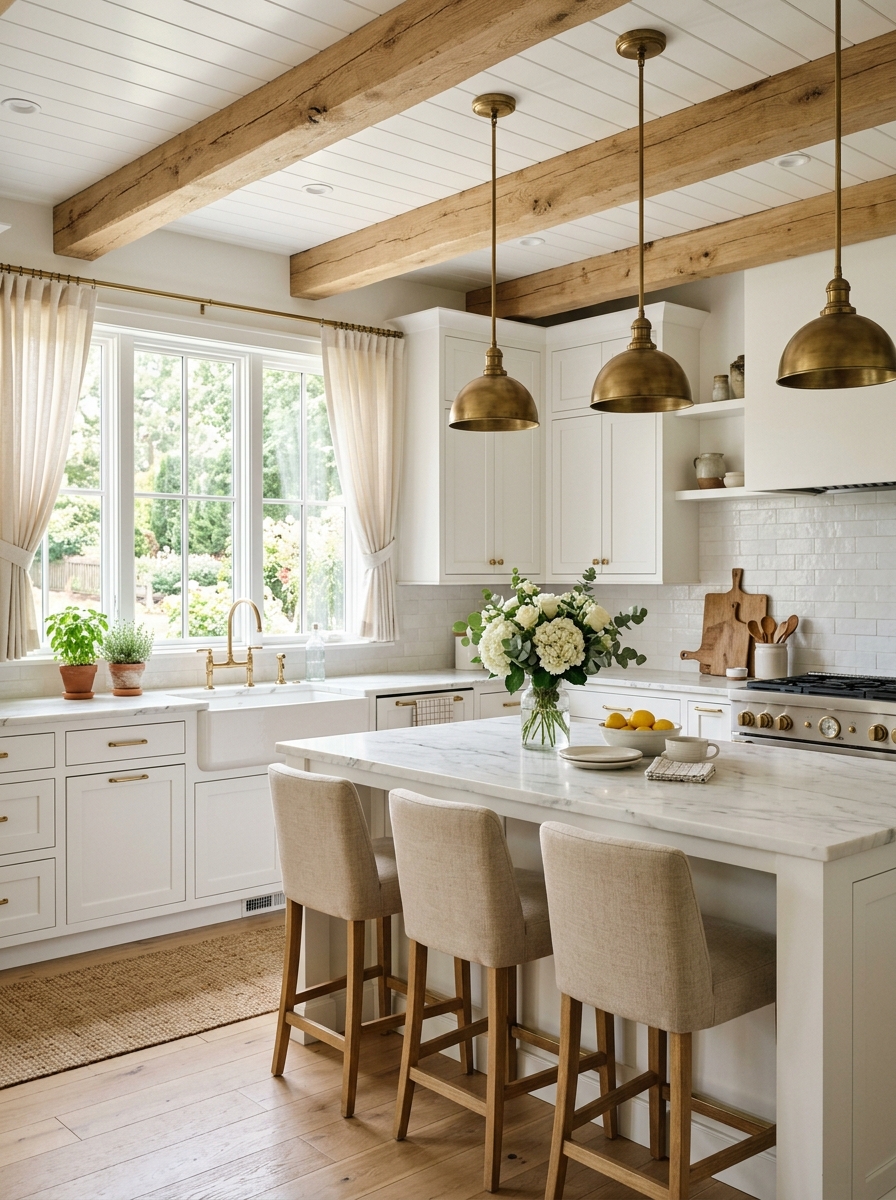 White Farmhouse Kitchen With Exposed Wooden Beams