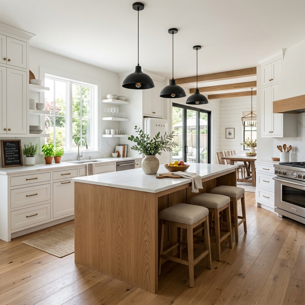 Bright White Shaker Kitchen with Warm Wood Island