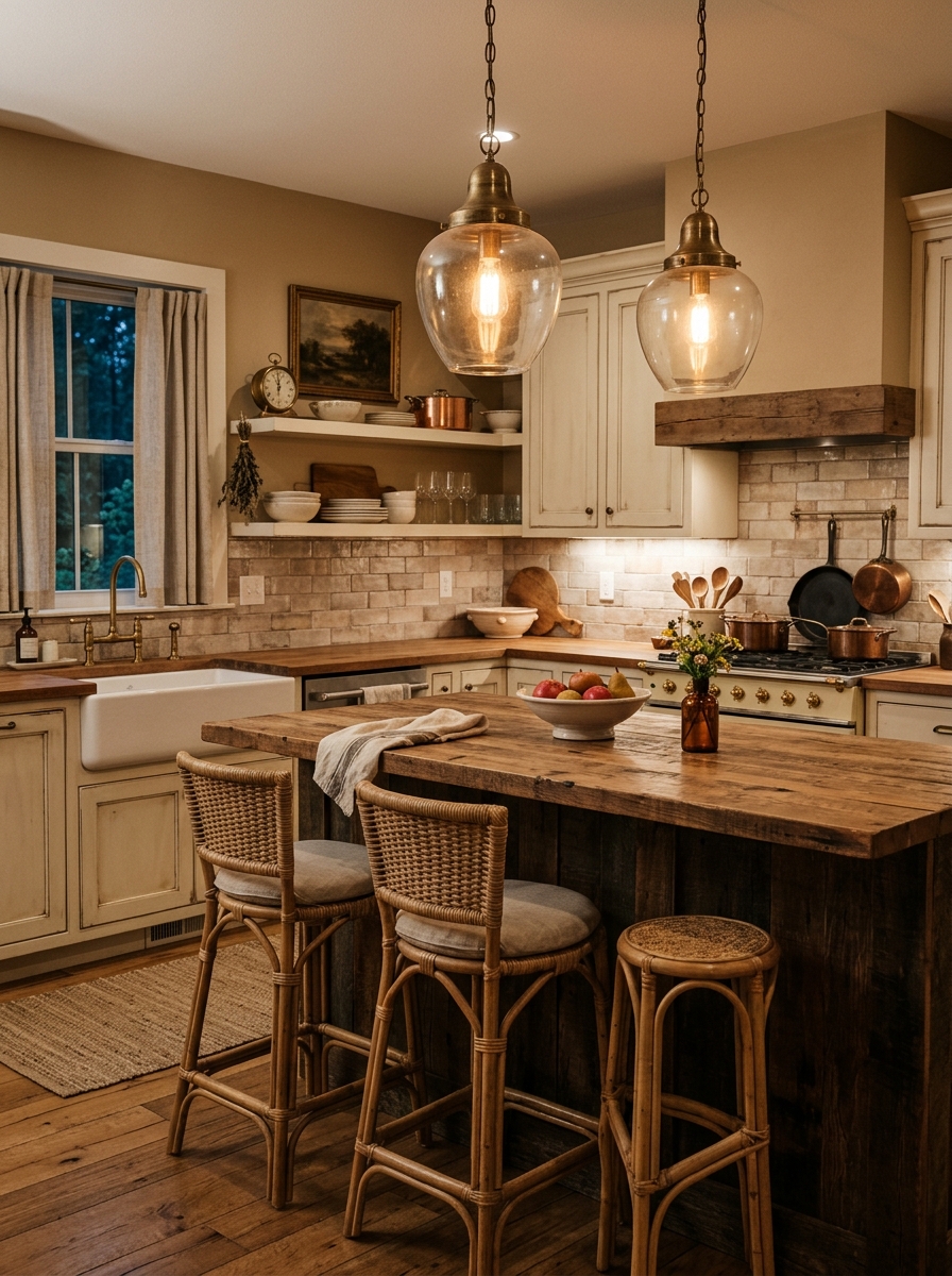 Farmhouse Kitchen With Vintage Lighting and Soft Earthy Colors
