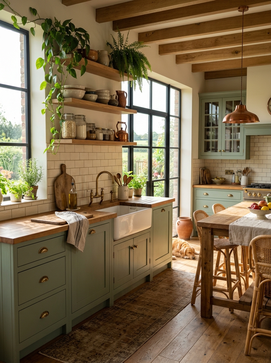 Farmhouse Kitchen With Soft Green Cabinetry and Rustic Charm