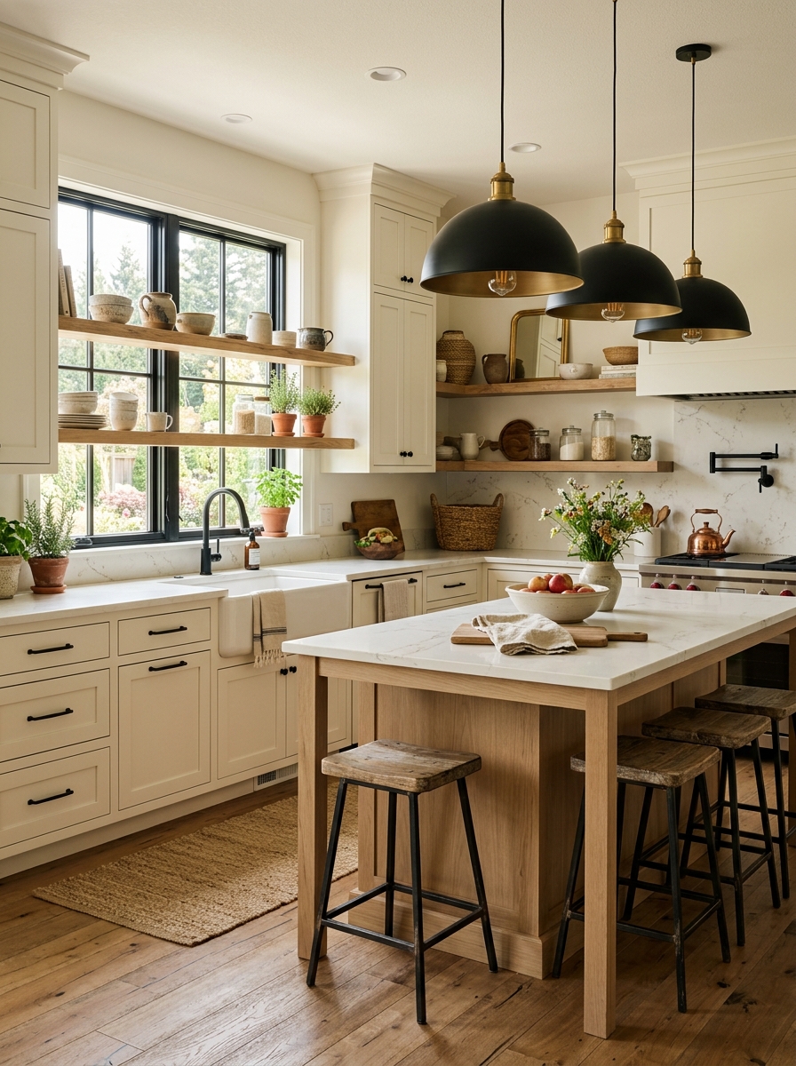 Modern Farmhouse Kitchen with Black Accents and Warm Wood