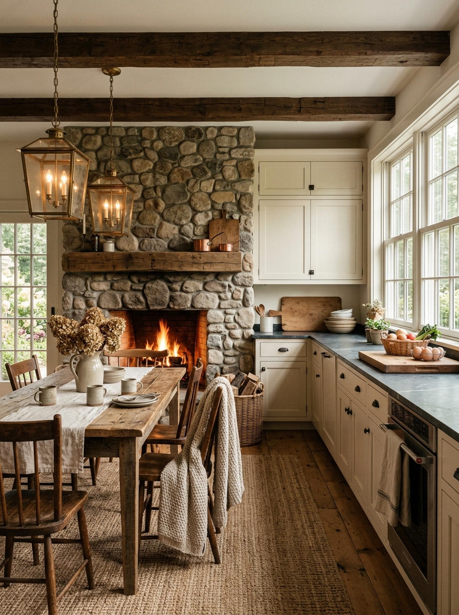 Cozy Farmhouse Kitchen with Stone Fireplace Feature