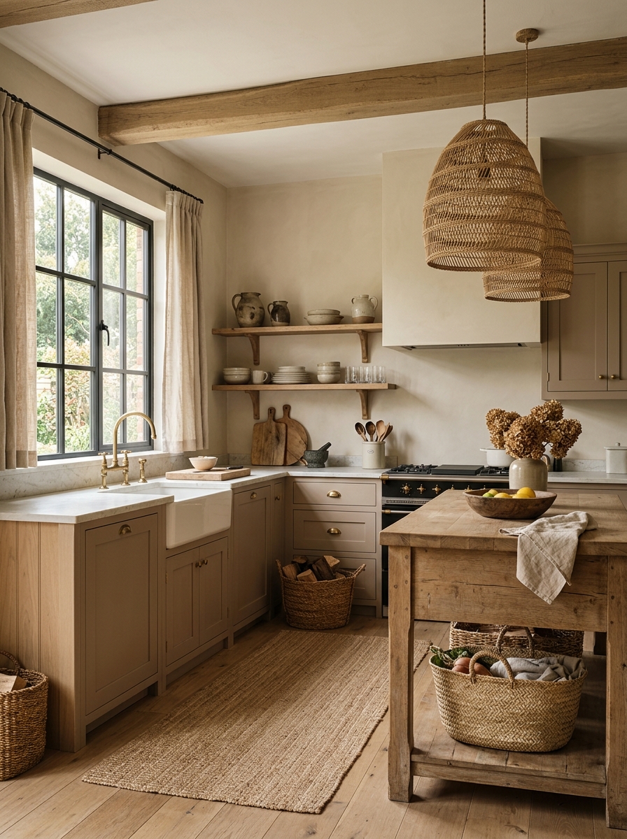 Neutral Farmhouse Kitchen With Layered Natural Textures`