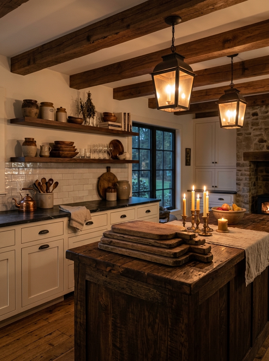 Rustic Farmhouse Kitchen with Dark Wood and Warm Lighting