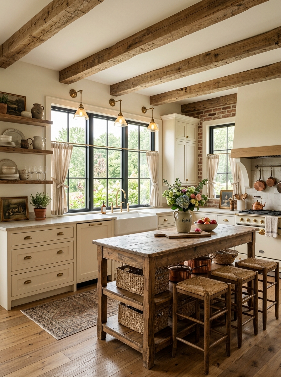 Warm White Farmhouse Kitchen with Rustic Wood Beams