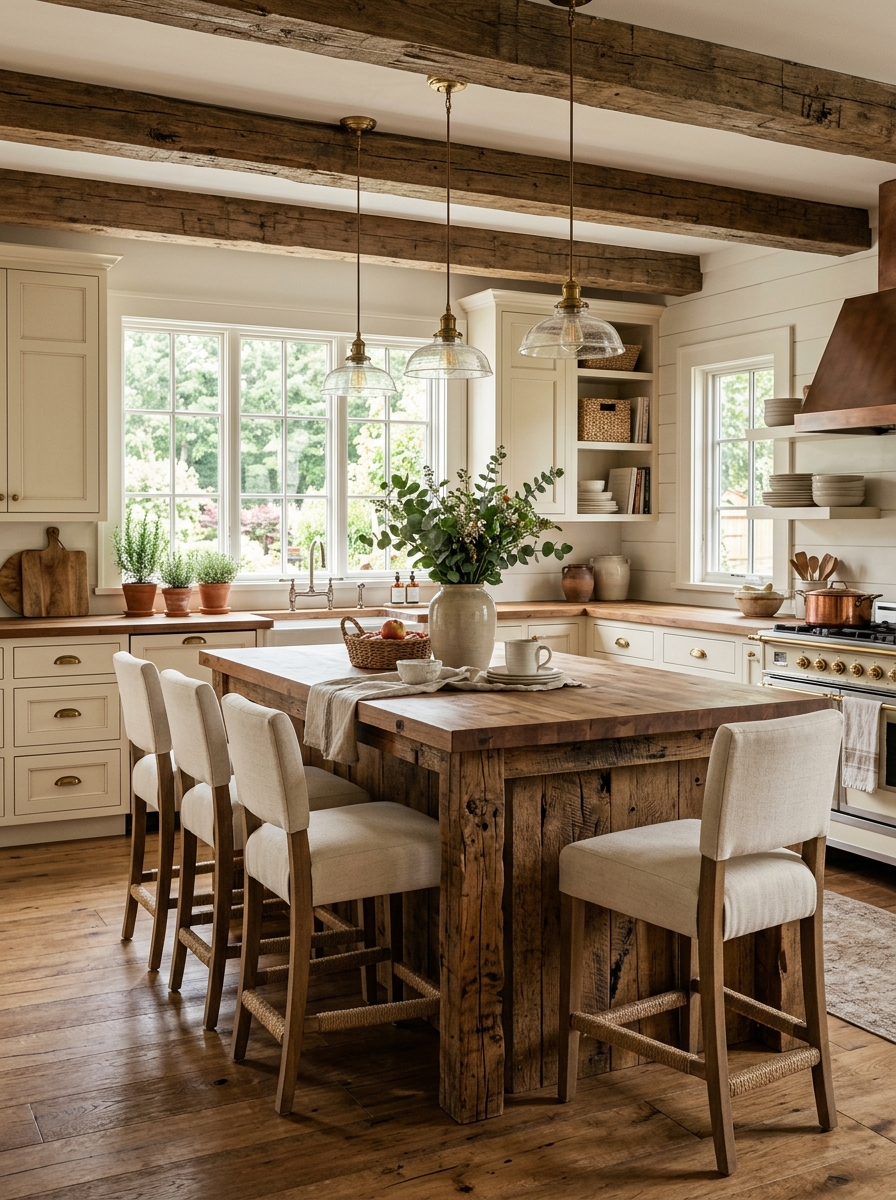 Rustic Farmhouse Kitchen with Oversized Wooden Island