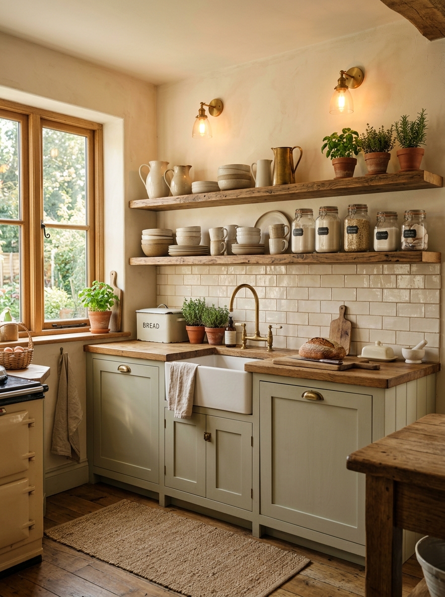 Cozy Farmhouse Kitchen With Open Wooden Shelving