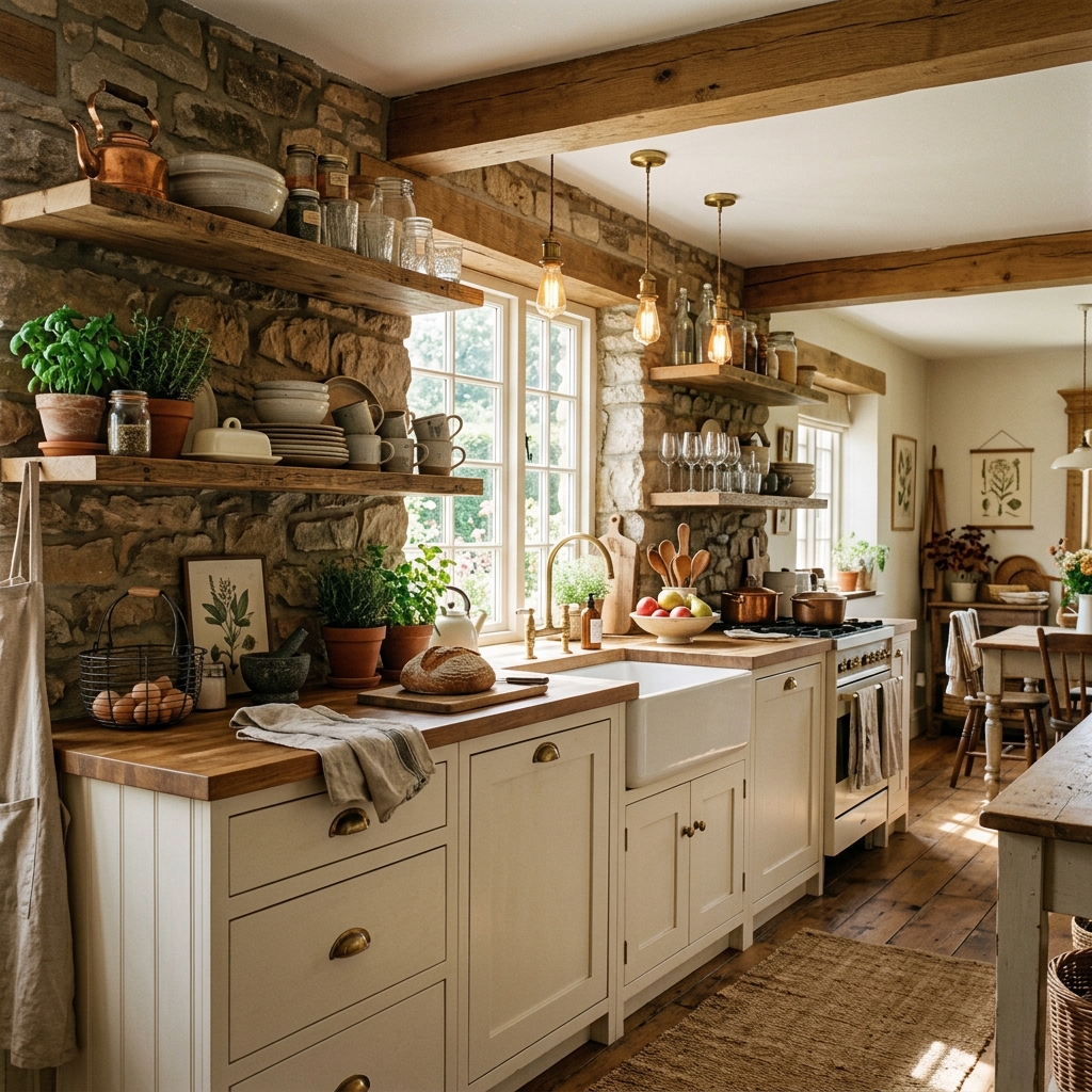 Cozy Rustic Farmhouse Kitchen with Open Shelving