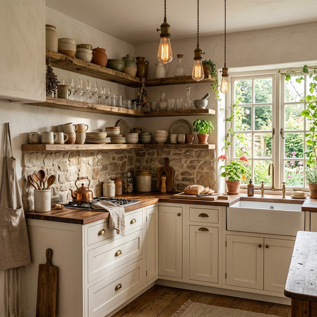 Cozy Rustic Farmhouse Kitchen with Open Shelving