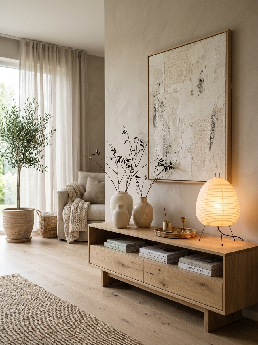 Japandi-Inspired Console Table with Soft Earthy Tones