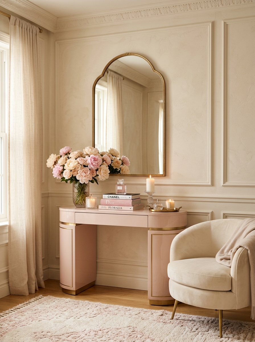Dreamy Luxe Apartment Console Table with Pink and Cream Palette