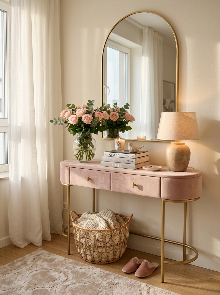 Soft Blush Pink Console Table with Gold Accents