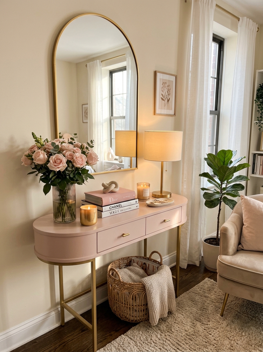 Soft Blush Pink Console Table with Gold Accents