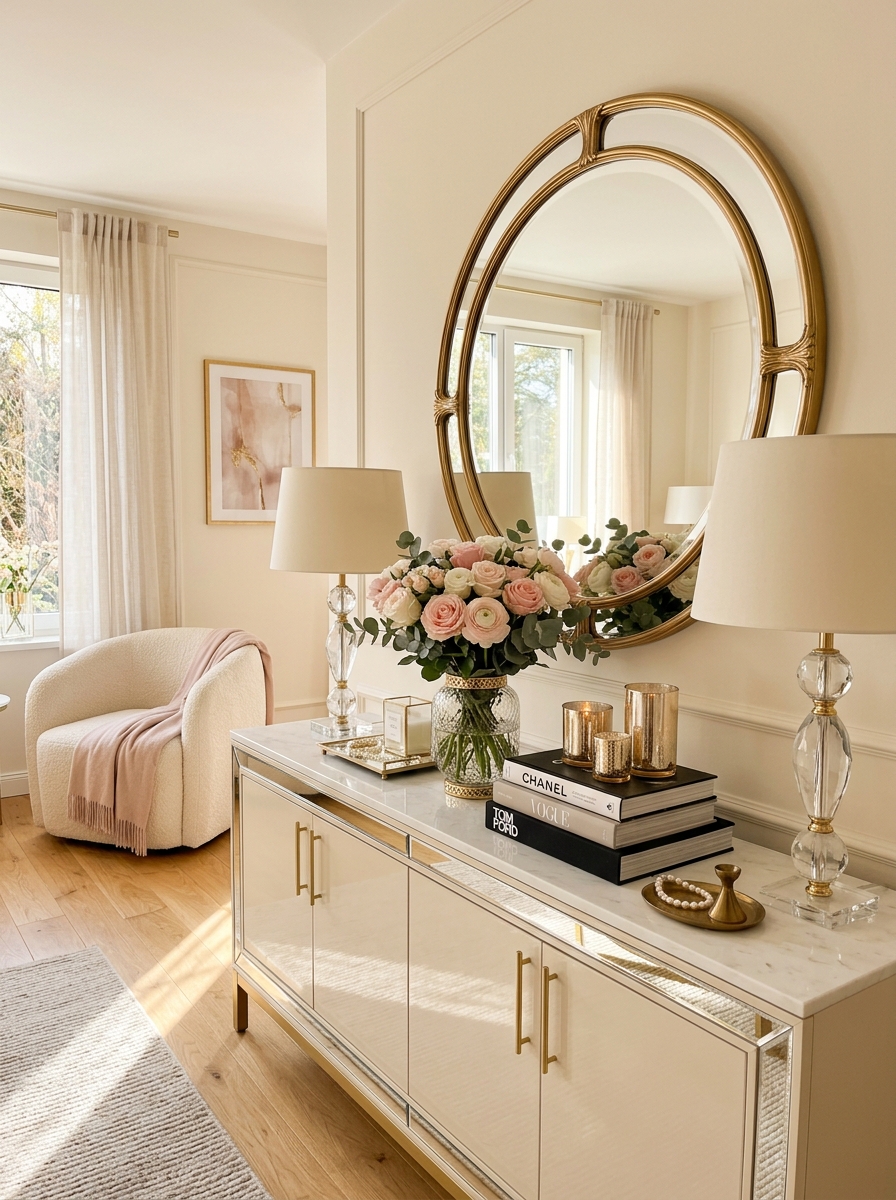Soft Glam Mirror Console Table for a Bright Feminine Space