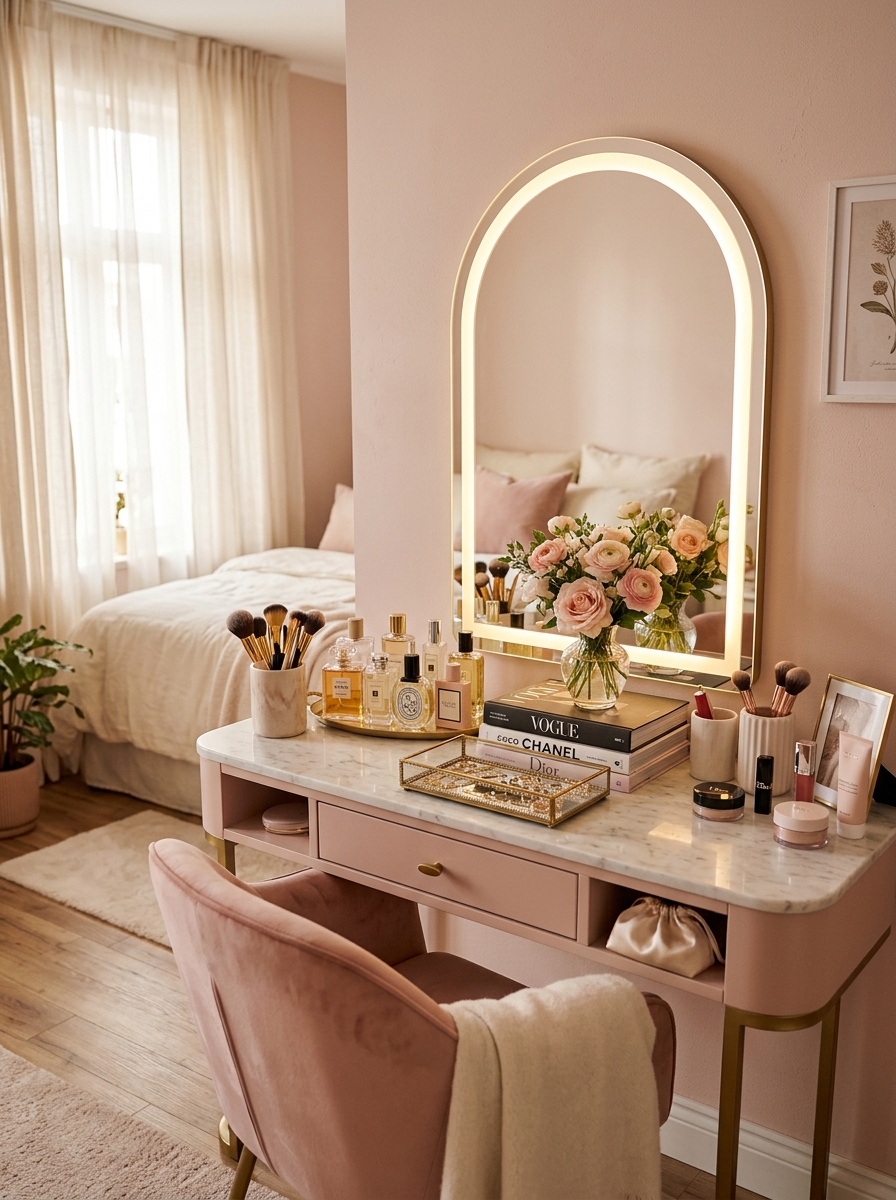 Chic Bedroom Console Table with Beauty Corner Styling