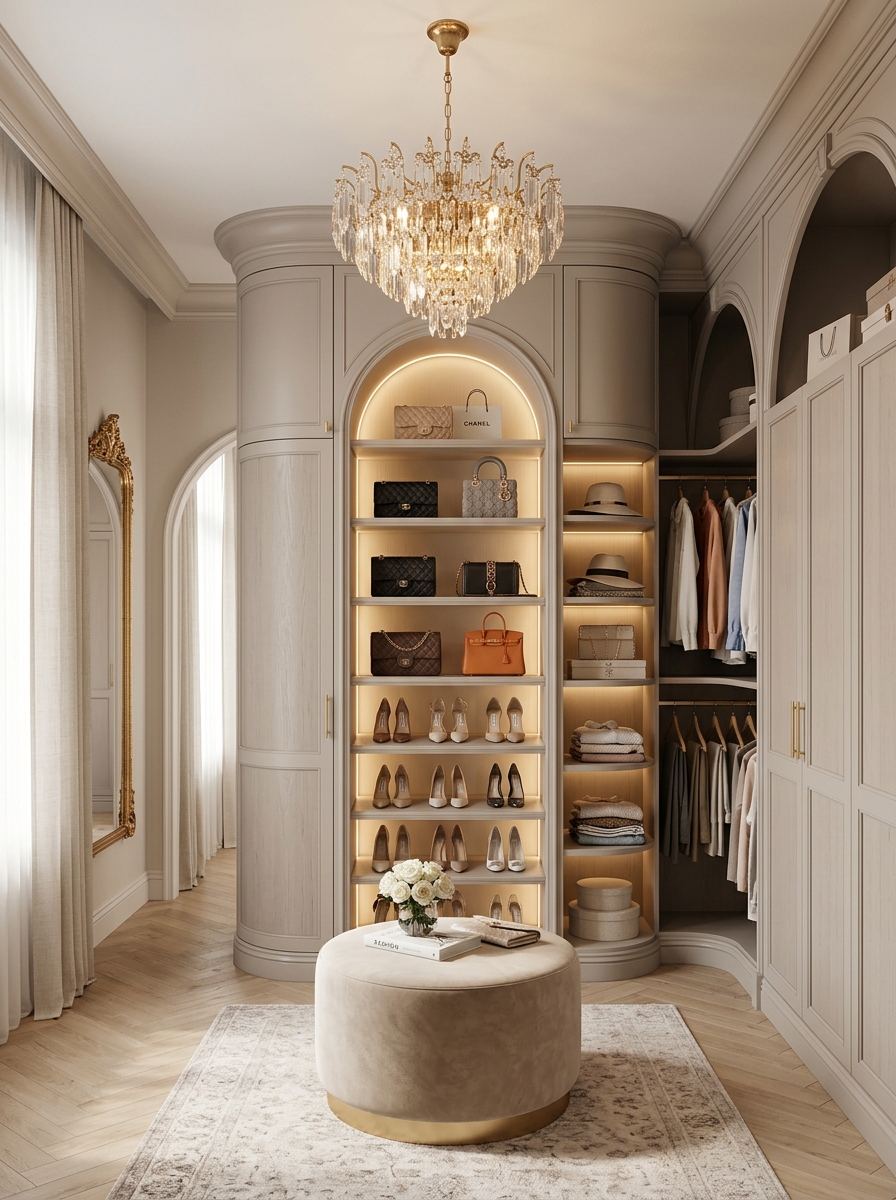 Feminine Arched Closet with Soft Beige Tones