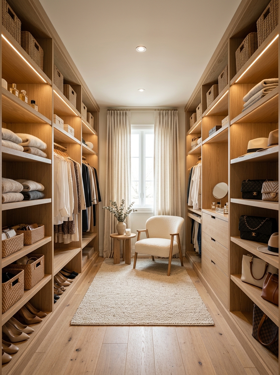 Soft Feminine Closet with Natural Wood Elegance