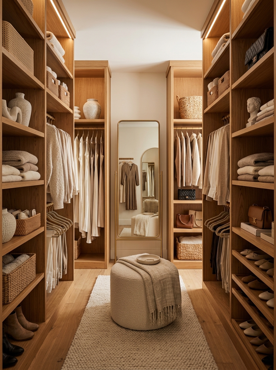 Soft Feminine Closet with Layered Textures and Warm Accents