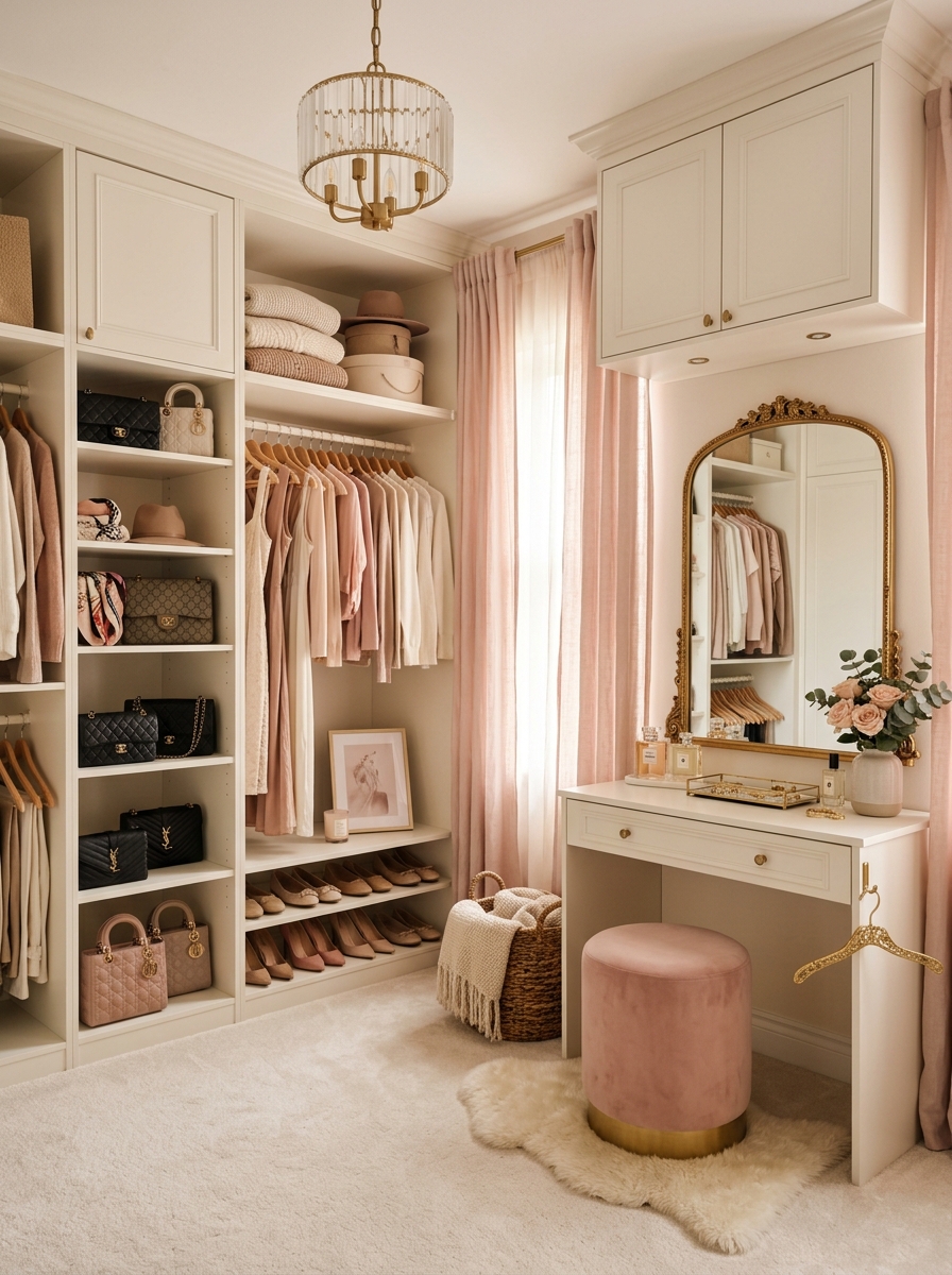 Soft Feminine Closet With Blush and Cream Accents