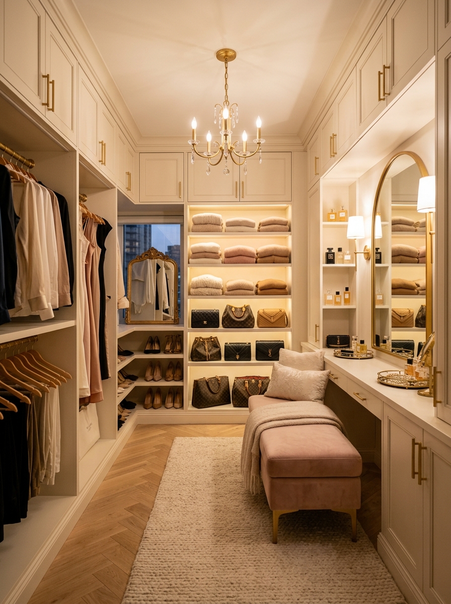 Soft Cream Closet with Elegant Gold Details