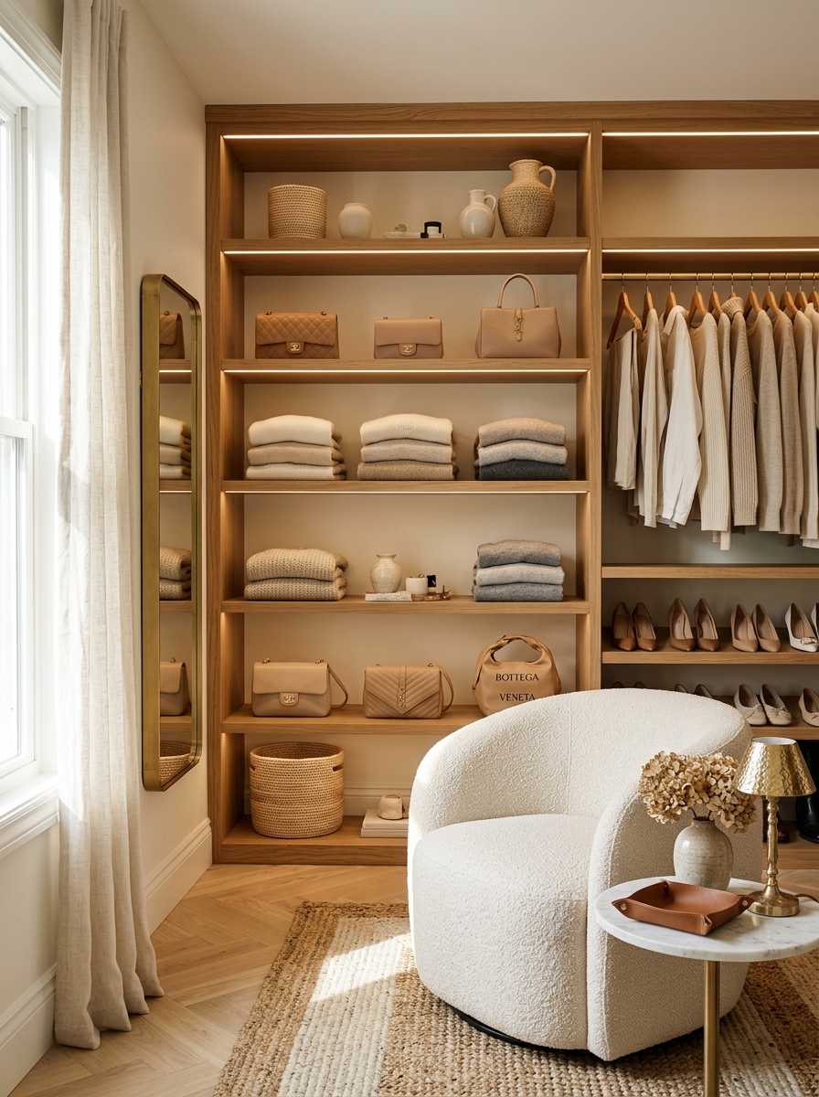 Boutique-Inspired Neutral Closet with Open Shelving