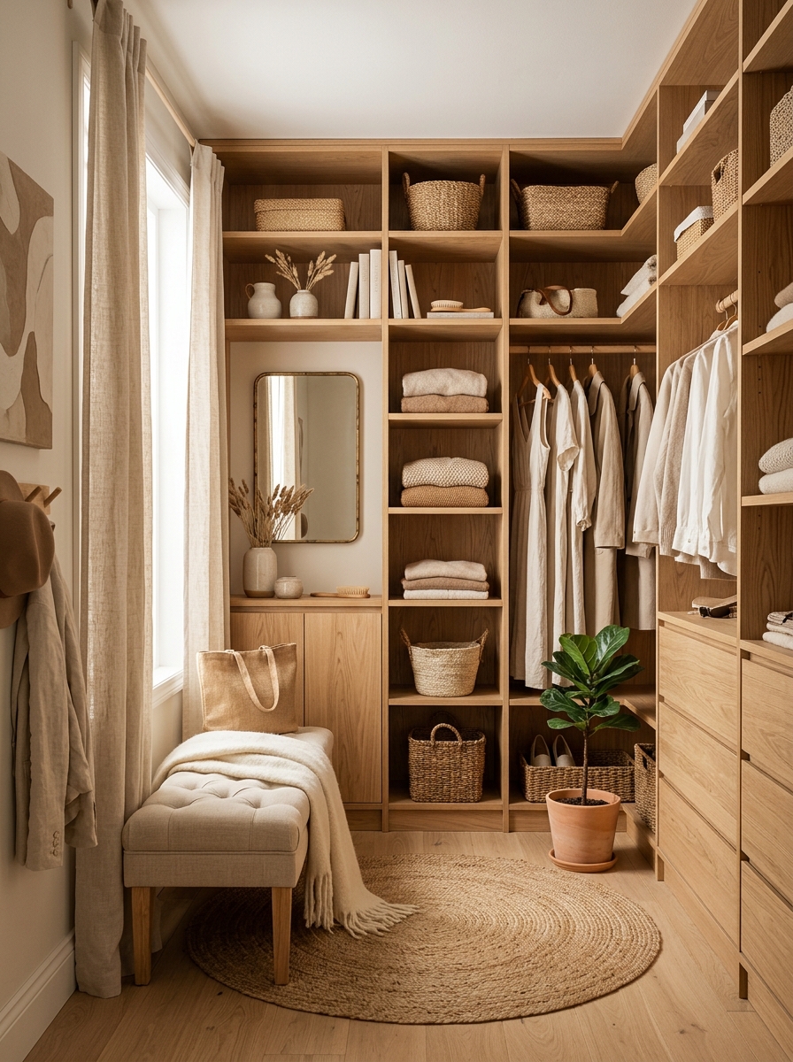 Feminine Closet with Natural Wood and Linen Styling