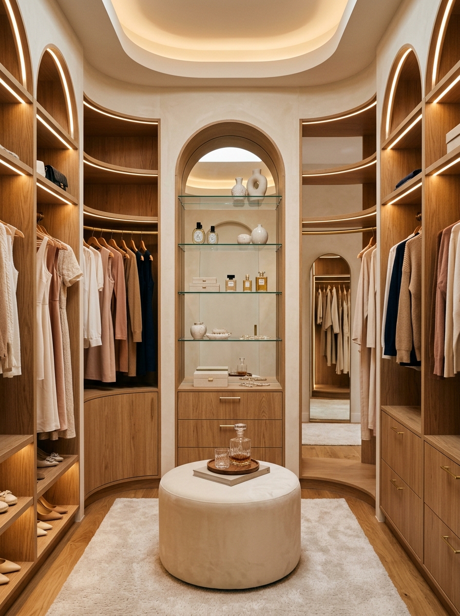 Romantic Curved Closet with Soft Ambient Glow