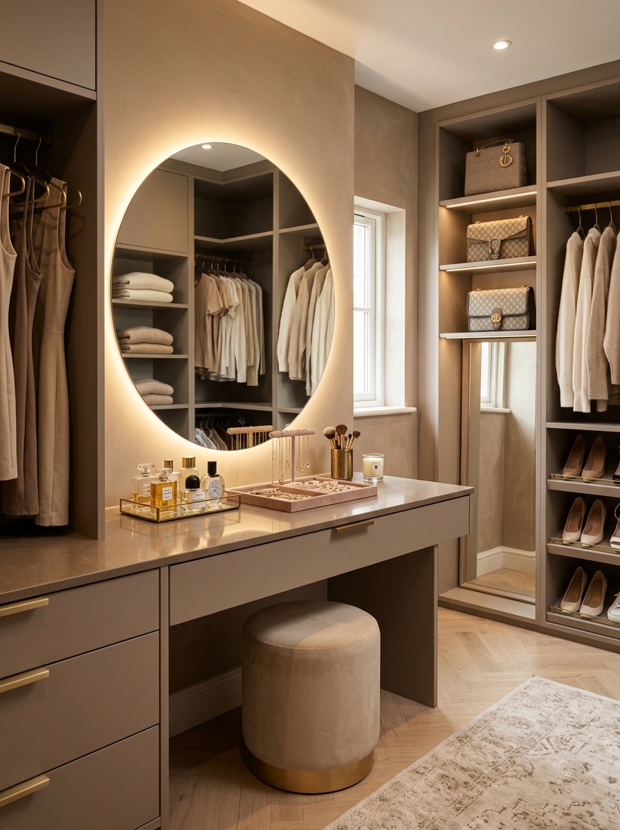 Soft Taupe Closet with Built-In Vanity Area