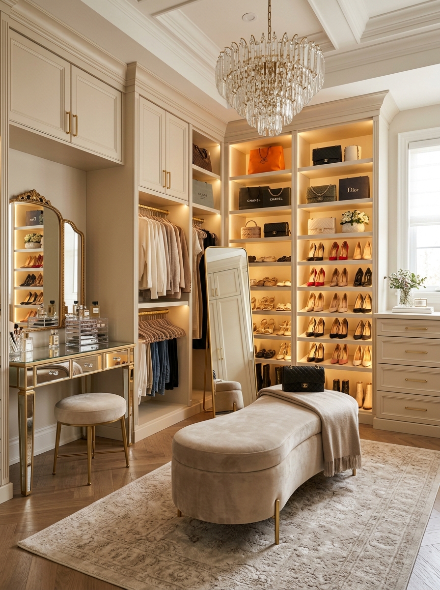 Neutral Glam Closet with Soft Lighting and Velvet Seating