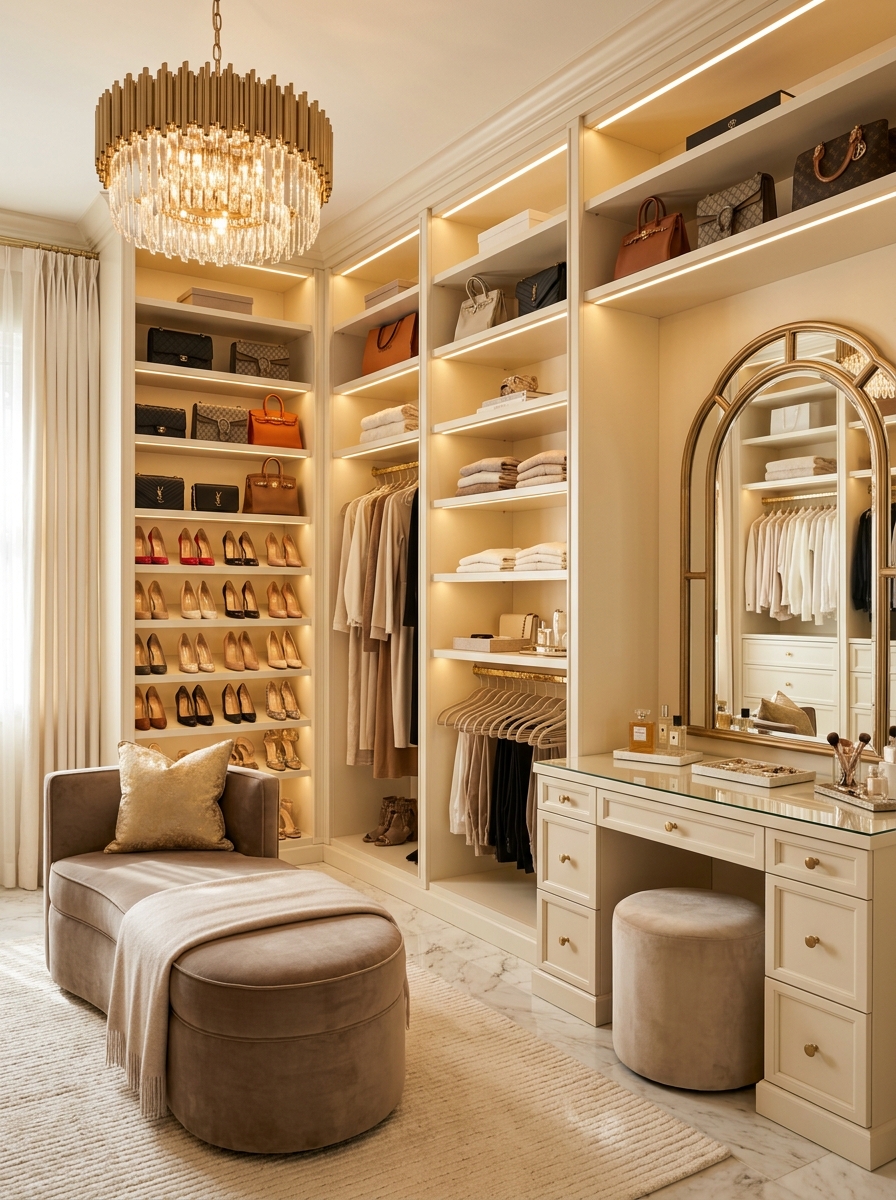 Neutral Glam Closet with Soft Lighting and Velvet Seating