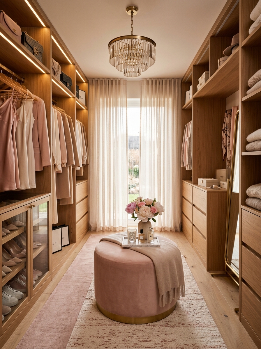 Romantic Closet with Soft Lighting & Wood Tones