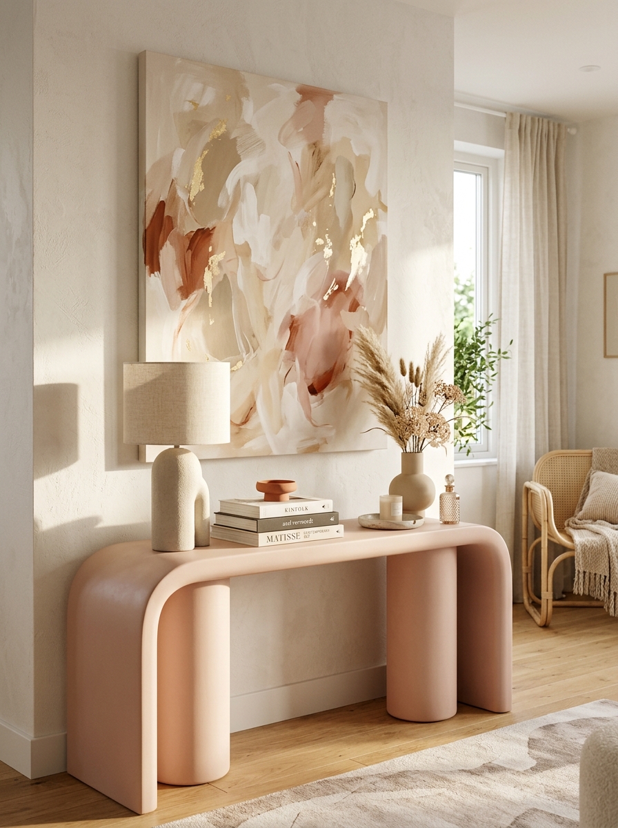 Contemporary Pink Console Table with Artistic Decor Styling