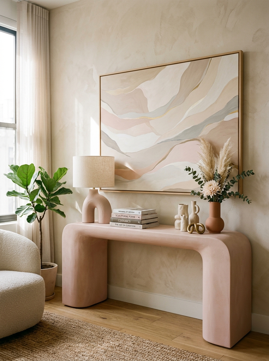 Contemporary Pink Console Table with Artistic Decor Styling