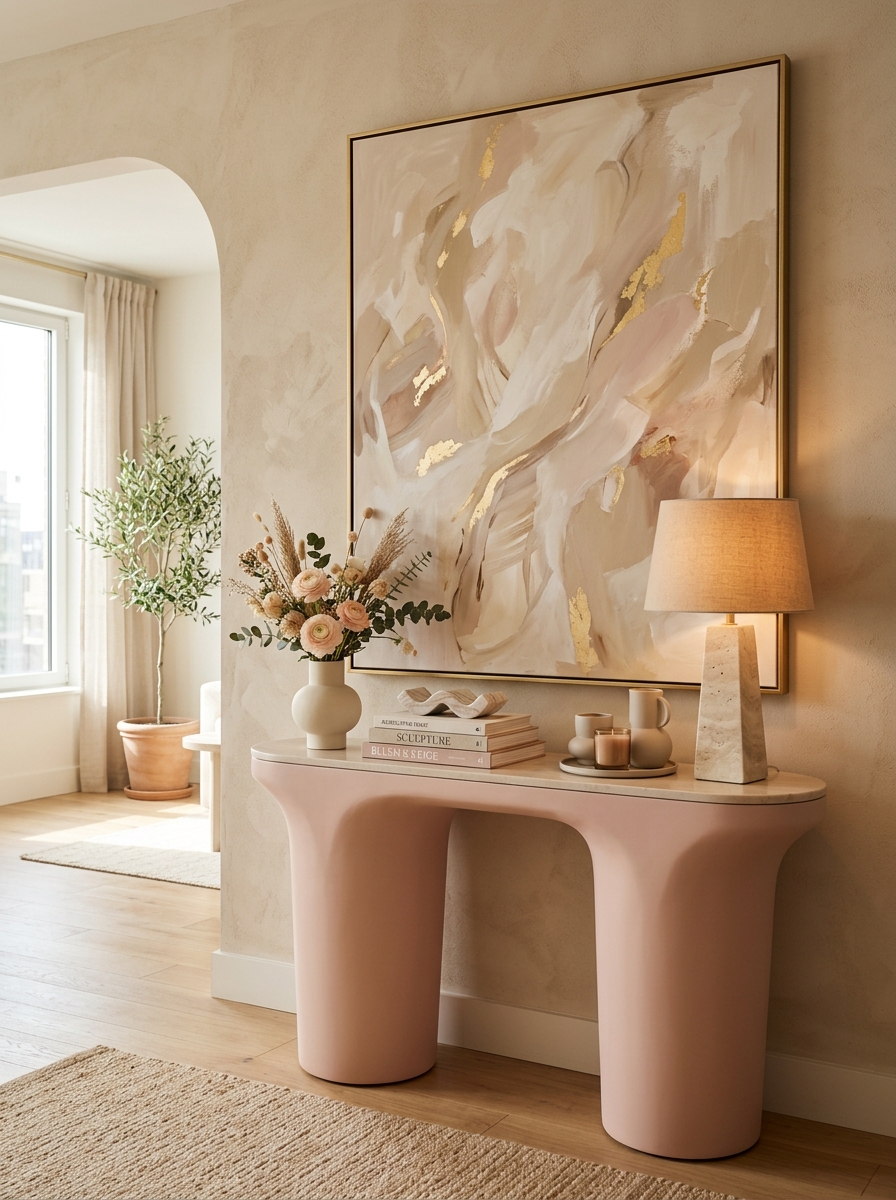 Contemporary Pink Console Table with Artistic Decor Styling