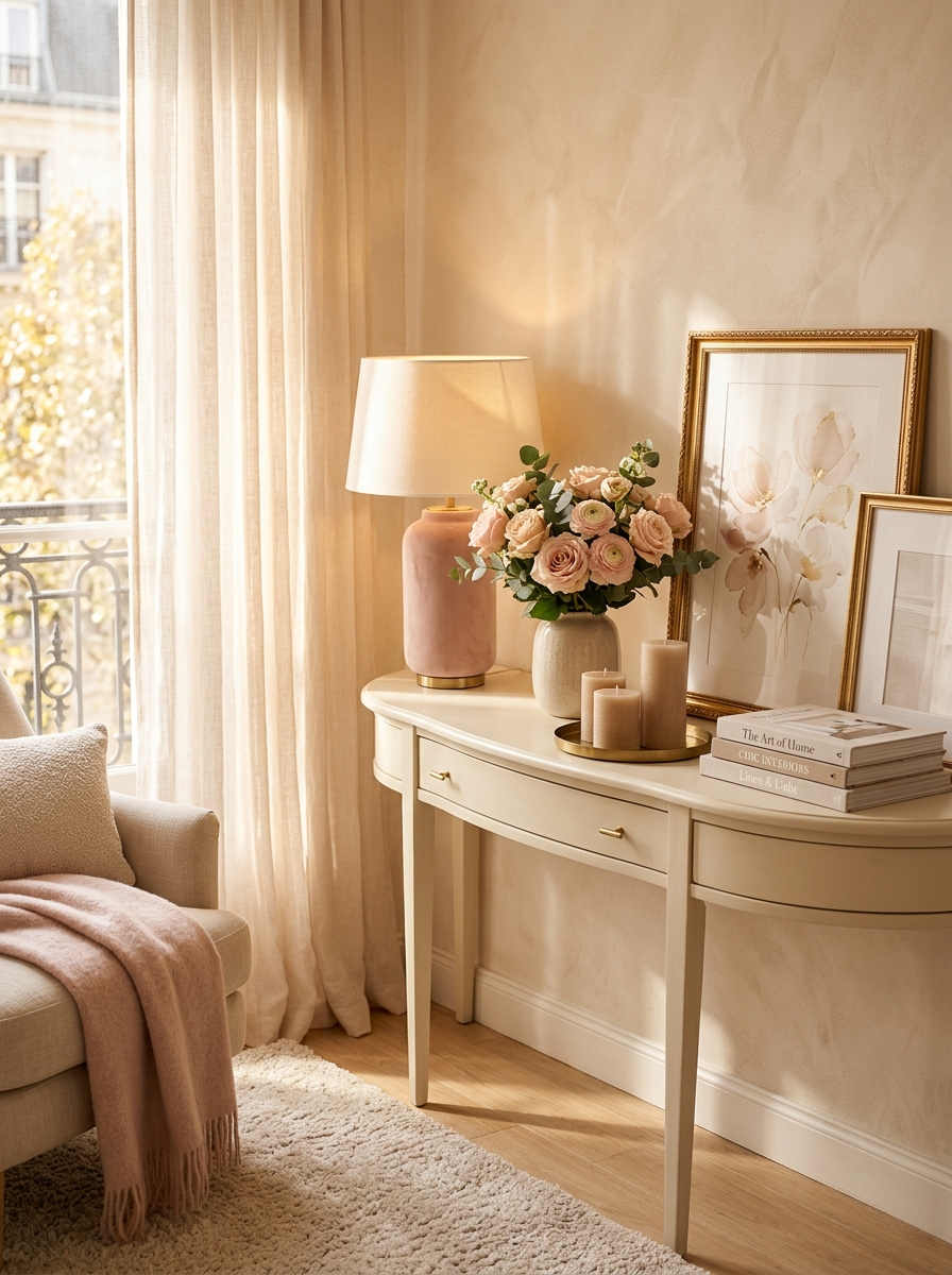 Romantic Blush and Neutral Console Table Corner