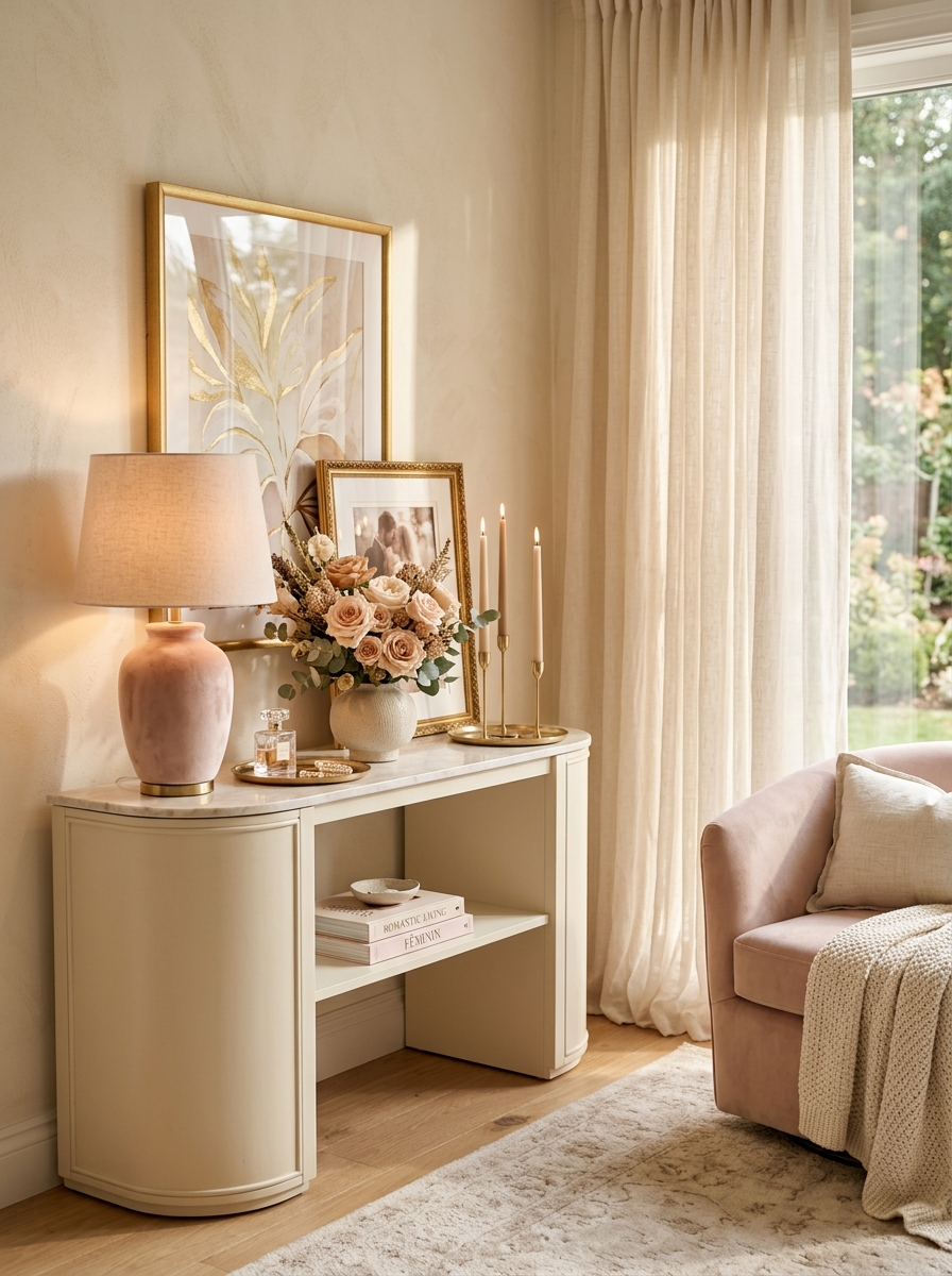 Romantic Blush and Neutral Console Table Corner