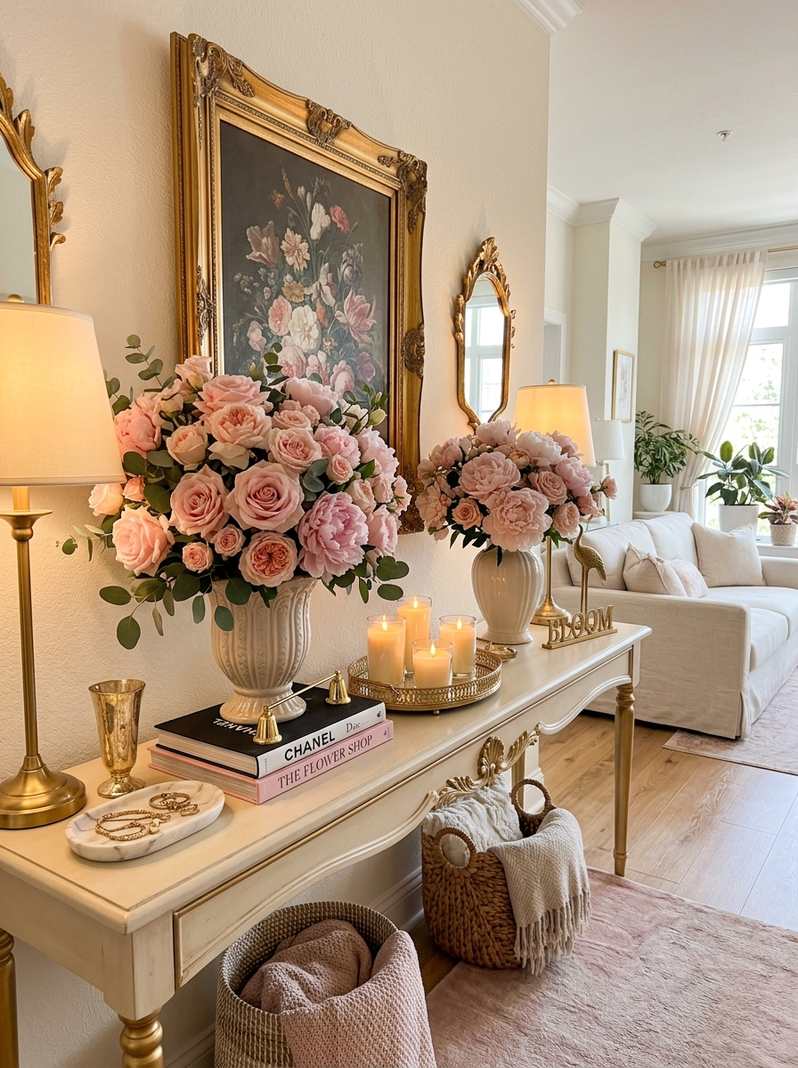 Soft Feminine Console Table with Floral Styling