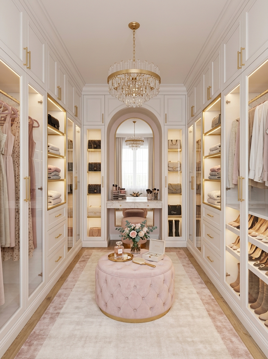 Soft Blush Luxury Dressing Suite with Center Symmetry Focus