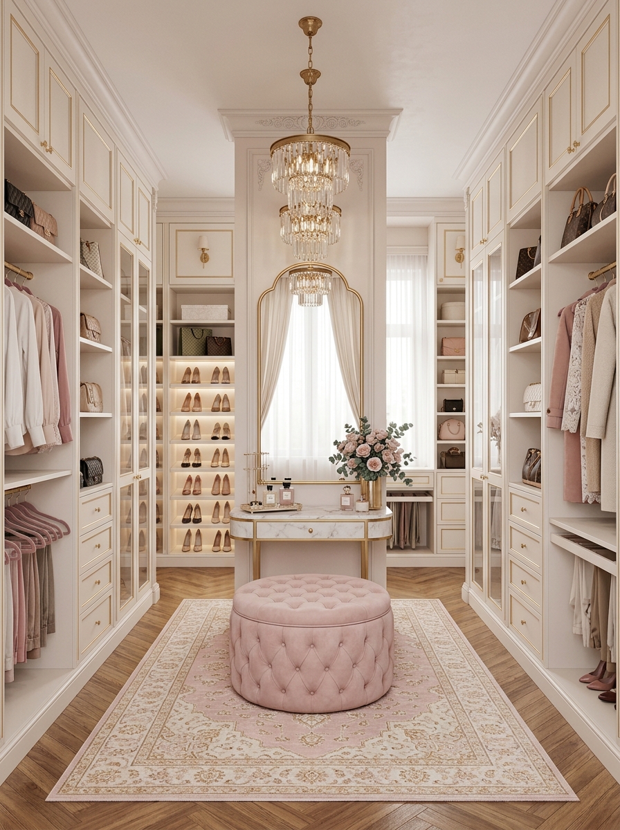 Soft Blush Luxury Dressing Suite with Center Symmetry Focus