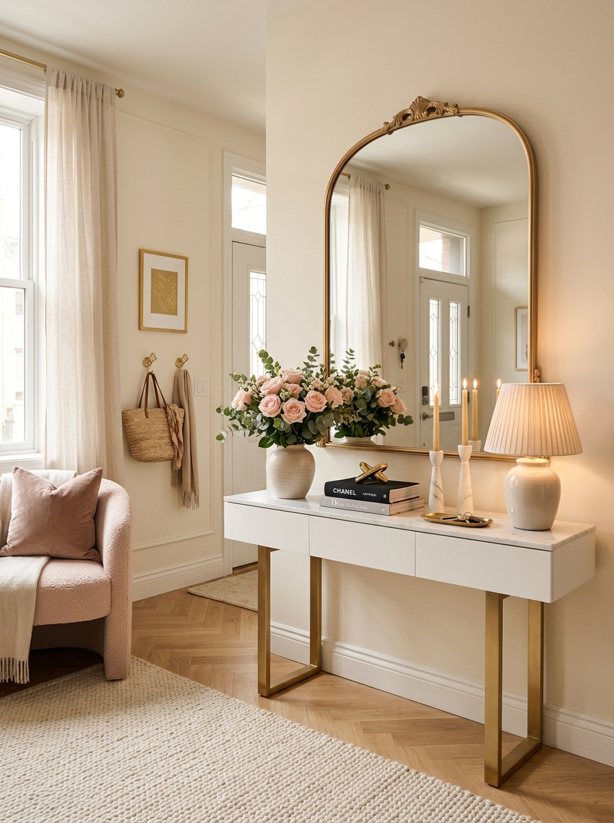 Soft Blush and Gold Entryway Console Table