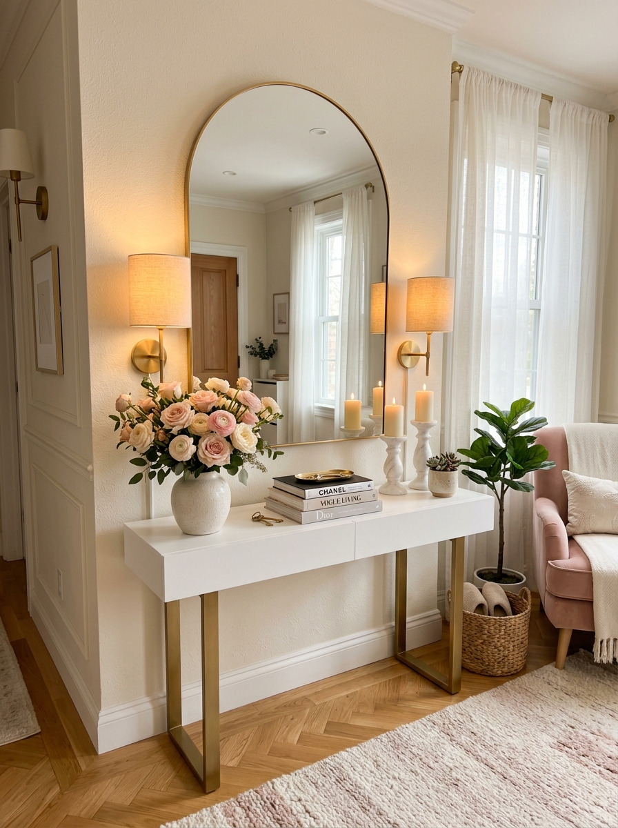 Soft Blush and Gold Entryway Console Table