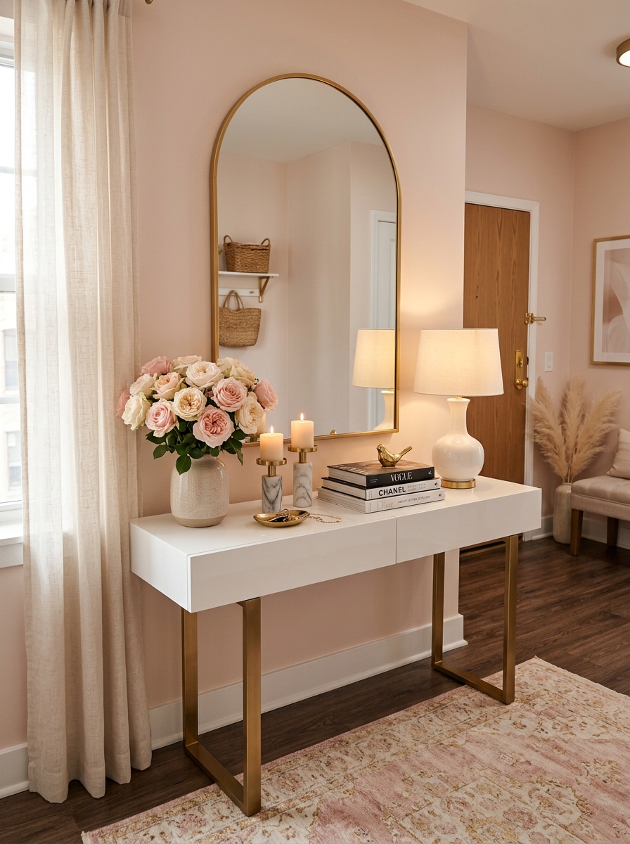 Soft Blush and Gold Entryway Console Table
